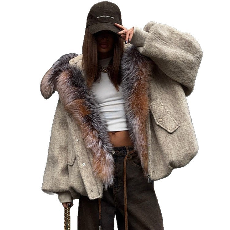 Thick Cotton Coat With A Large Fur-lined Collar Zipper Buttons And A Hood