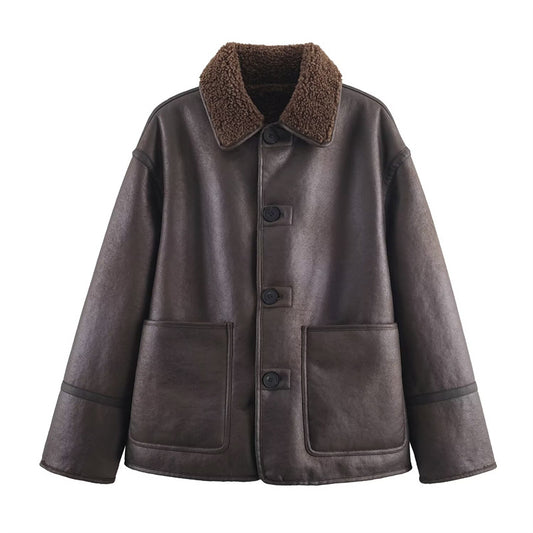 Womens Cozy Casual Double-Sided Leather-and-Fur All-in-One Coat For Warmth And Style